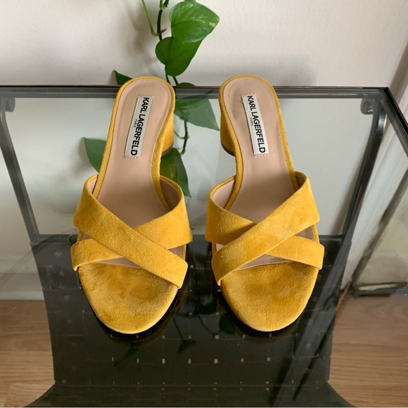 Karl Lagerfeld Fawn Yellow Leather Suede Open Toe Slide Block Heel Sandal Size 6 - Picture 9 of 15